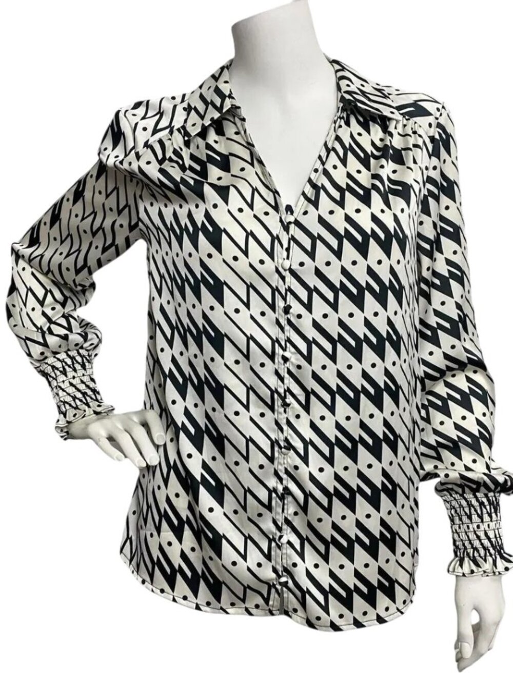 Maison d'Amelie Chiffon Long Sleeve Black White Abstract Button Down Blouse